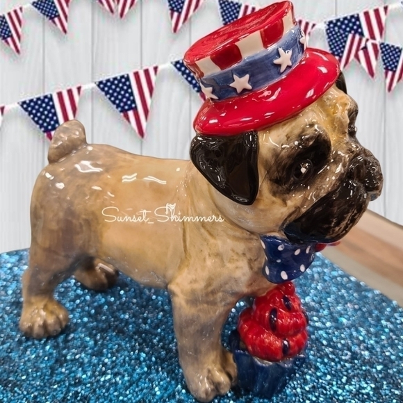 Patriotic Blue Sky PUG DOG July 4th Red White Blue Stars w Bow Tie & Cupcake New - Picture 7 of 11